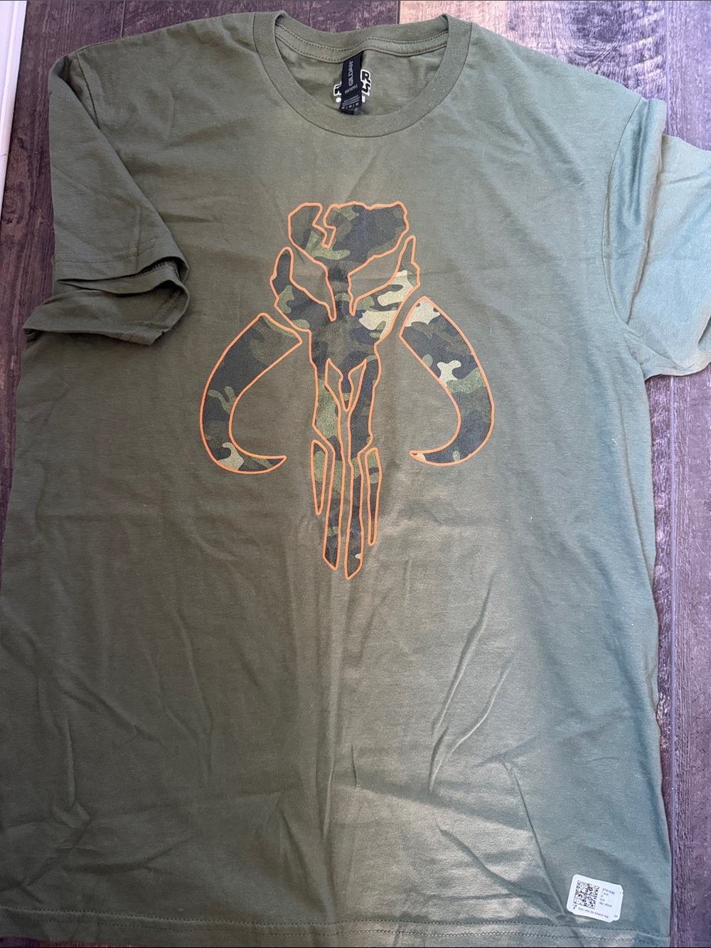 Gildan Olive Green Short Sleeve Tee with Camo Skull Emblem